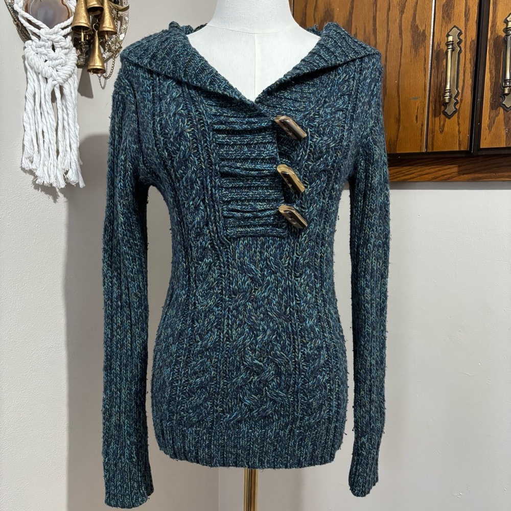 Old Navy Vintage Knit Crochet Sweater Size Small Button Embellishment Green Blue